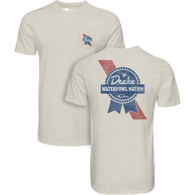 Drake Waterfowl Nation T-Shirt featuring front chest logo and back vintage-style graphic, designed for comfort and durability in waterfowl hunting and casual settings.