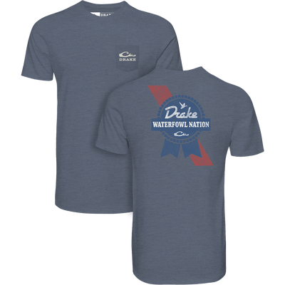 Drake Waterfowl Nation T-Shirt featuring chest pocket logo and back badge graphic, blending comfort with durability for versatile, all-day wear.
