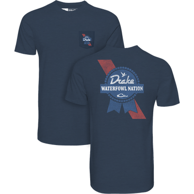 Drake Waterfowl Nation T-Shirt displaying a rosette graphic with Drake on the front pocket and Drake Waterfowl Nation on the back, emphasizing comfort and durability.