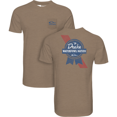 Drake Waterfowl Nation T-Shirt featuring front pocket logo and back vintage-style ribbon badge, blending comfort and durability for waterfowl enthusiasts.