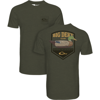 Big Deke T-Shirt Featuring Vintage Dixie Decoys®, showcasing a wooden duck decoy graphic with BIG DEKE CLUB text, and a small Drake logo on the chest.