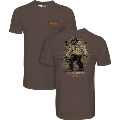 Quacksquatch T-Shirt featuring a Sasquatch in hunting gear with ducks on the back, small Drake logo on front; lightweight, durable blend for outdoor comfort.
