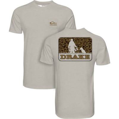 Companions Old School T-Shirt, featuring front logo and camo back graphic with hunter and dog. Made of breathable 60% cotton, 40% polyester.