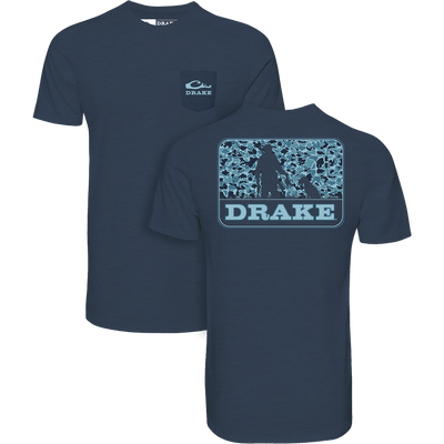 Companions Old School T-Shirt featuring a front pocket with wave logo, and back camo graphic of person with dog, blending comfort with outdoor style.