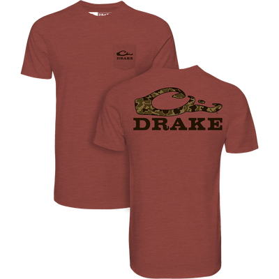 Drake Stacked Logo Old School T-Shirt featuring a small front pocket logo and large camo-patterned back logo, designed for durability and comfort with 60% cotton, 40% polyester.