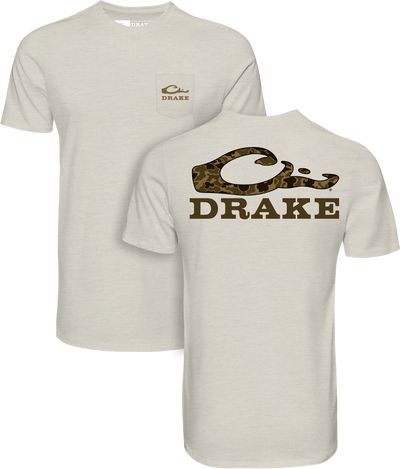 Drake Stacked Logo Old School T-Shirt, front and back views showing camo-pattern D logo, small chest pocket, and lightweight cotton-polyester blend for durability.