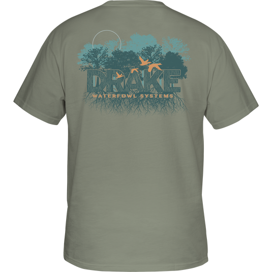 Alt text: Deep Roots T-Shirt featuring Drake logo on front pocket, depicting underground root system. Back view of grey shirt with blue branches, birds, and trees. Ideal for hunting and casual wear.