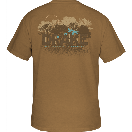 A Deep Roots T-Shirt by Drake Waterfowl, featuring a logo on the front pocket and an underground root system graphic on the back. Made of 60% cotton and 40% polyester for softness and comfort.