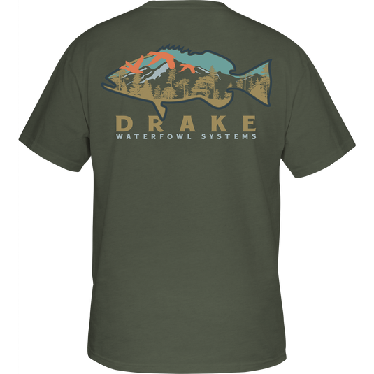 A Bass Tree Line T-Shirt by Drake Waterfowl, featuring a fish and mountain graphic on the back. Made of 60% cotton and 40% polyester for comfort. Drake logo on the front pocket.