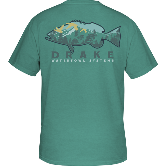 A Bass Tree Line T-Shirt by Drake Waterfowl, featuring a fish and mountain design on the back. Constructed with a 60% cotton and 40% polyester blend for softness and comfort.