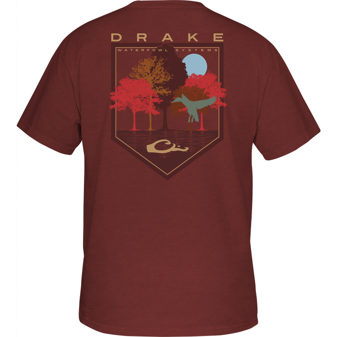 Alt text: Tall Oak T-Shirt featuring Drake logo on front pocket and scenic Oak Trees graphic on back. 60% cotton, 40% polyester blend for softness and comfort.