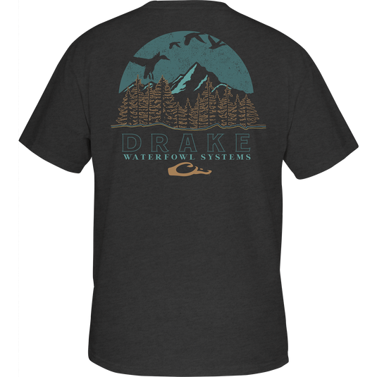 Ridge Line T-Shirt featuring Drake logo on pocket, mountain & tree graphic. 60% cotton/40% polyester blend for comfort. From Drake Waterfowl's Scenic Series.