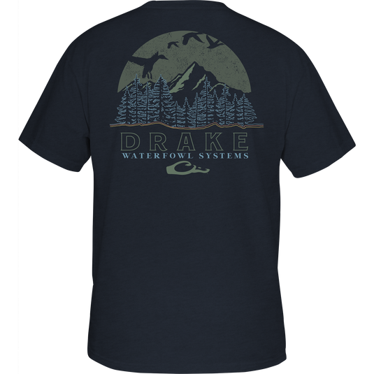 Alt text: Ridge Line T-Shirt featuring Drake logo on pocket, scenic mountain graphic on back. 60% cotton, 40% polyester blend, lightweight at 180 GSM.