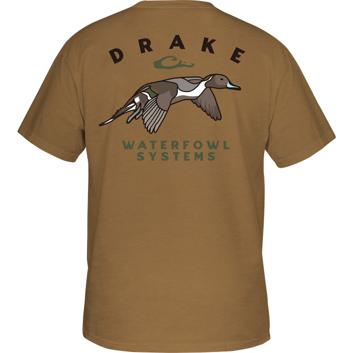 Retro Northern Pintail T-Shirt featuring a duck graphic on the back, with a Drake logo on the front pocket. Made of 60% cotton and 40% polyester for comfort. From Drake Waterfowl.