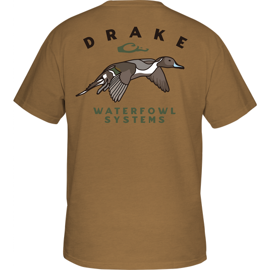 Retro Northern Pintail T-Shirt featuring a duck graphic on the back, with a Drake logo on the front pocket. Made of 60% cotton and 40% polyester for comfort. From Drake Waterfowl.