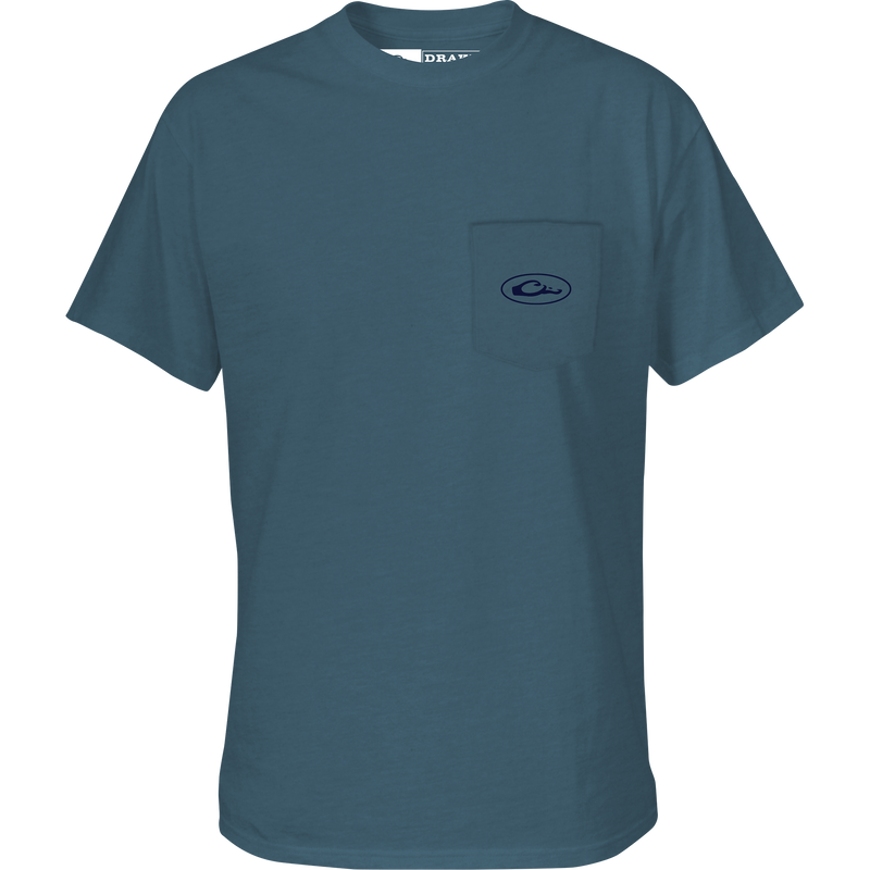 Retro Northern Shoveler T-Shirt with Drake logo pocket. 60% cotton/40% polyester blend, lightweight at 180 GSM. Ideal for hunting and casual wear.