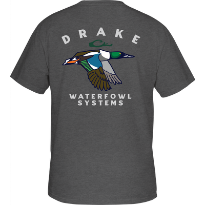 Retro Northern Shoveler T-Shirt's back features a flying duck graphic, highlighting the Drake Waterfowl's signature style in comfortable cotton-polyester blend.