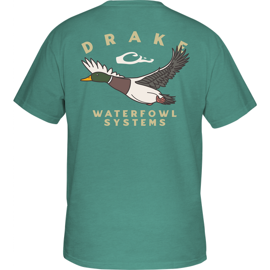Retro Mallard T-Shirt featuring a duck graphic on a green shirt with a Drake logo pocket. 60% cotton and 40% polyester blend for comfort. From Drake Waterfowl's hunting-inspired collection.