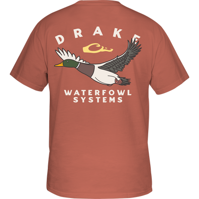 Retro Mallard T-Shirt featuring a flying duck graphic on the back, crafted from a soft cotton-polyester blend with a Drake logo on the front pocket.