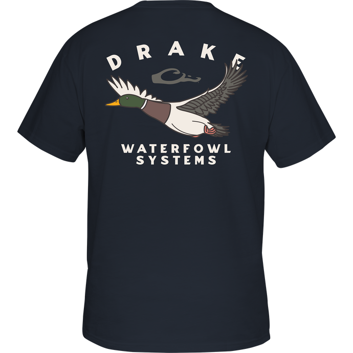Retro Mallard T-Shirt featuring a Mallard duck graphic on the back, with a Drake logo on the front pocket. Made of 60% cotton and 40% polyester for comfort. From Drake Waterfowl.
