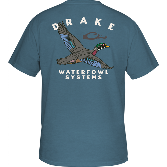 Retro Wood Duck T-Shirt featuring a Drake logo pocket on the front. Depicts a Wood Duck from the Retro Ducks Series. 60% cotton, 40% polyester blend for softness and comfort.