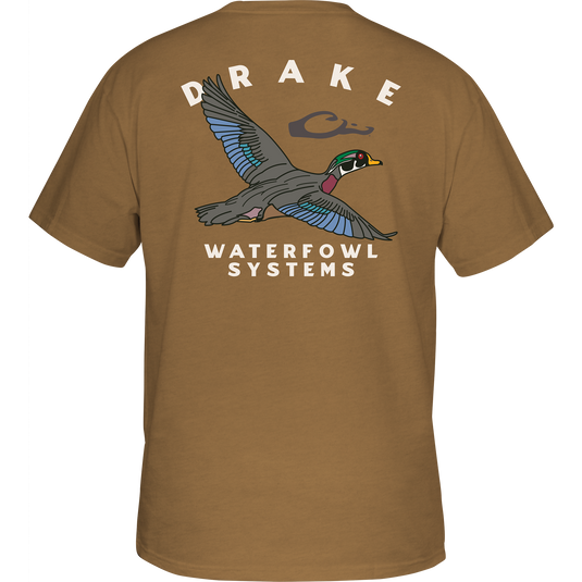 A back view of the Retro Wood Duck T-Shirt from Drake Waterfowl, featuring a duck graphic, Drake logo pocket, and 60% cotton/40% polyester blend for comfort.