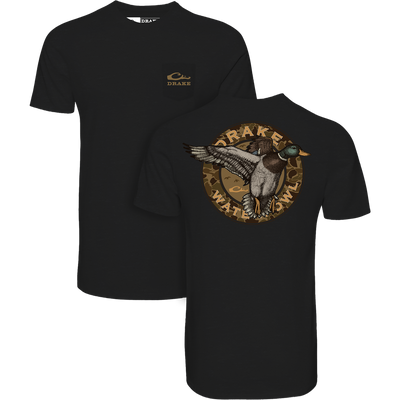 Circle Mallard T-Shirt featuring a front pocket with Drake logo and a back graphic of a flying mallard over camouflage. Made from a cotton-polyester blend.