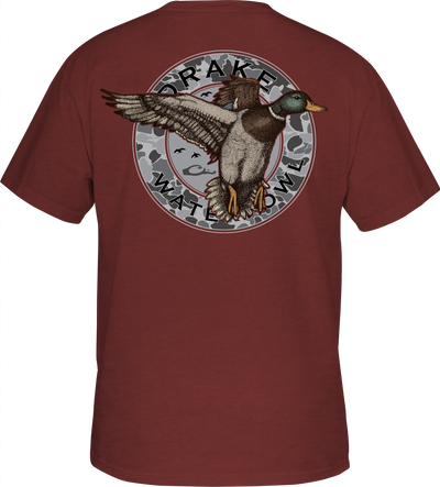 Circle Mallard T-Shirt featuring a Drake logo on the front pocket and a classic Mallard graphic on the back. Made of 60% cotton and 40% polyester for softness and comfort. From Drake Waterfowl.