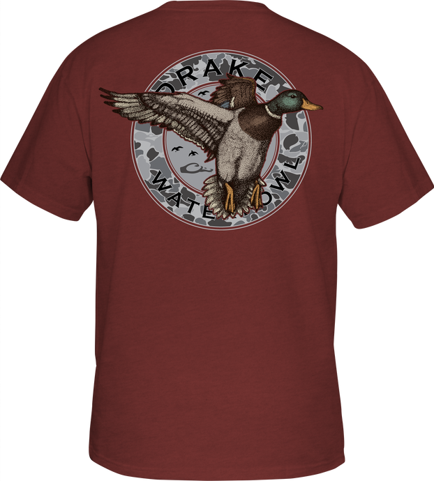 Circle Mallard T-Shirt featuring a Drake logo on the front pocket and a classic Mallard graphic on the back. Made of 60% cotton and 40% polyester for softness and comfort. From Drake Waterfowl.