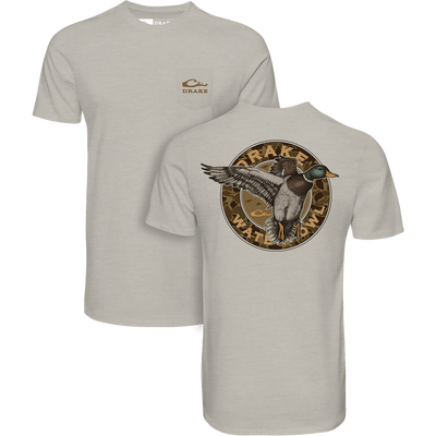 Circle Mallard T-Shirt featuring a front Drake logo pocket and a back camo graphic with a flying mallard from Drake Waterfowl's Vintage Drakes Series.