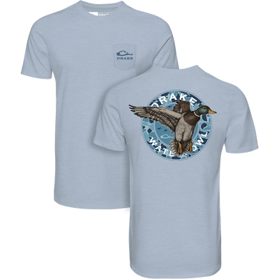 Circle Mallard T-Shirt featuring front pocket Drake logo and back camo-pattern with mallard graphic, combining comfort with vintage hunting style.