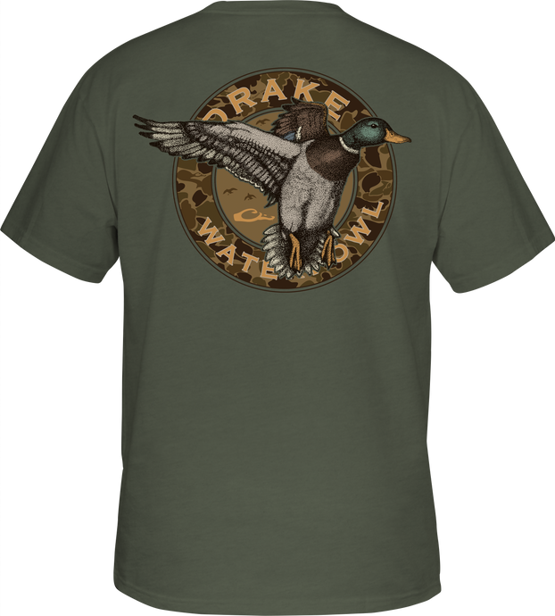 Circle Mallard T-Shirt: A back view of a t-shirt featuring a duck graphic, part of Drake Waterfowl's Vintage Drakes Series. Constructed from 60% cotton and 40% polyester blend for comfort.