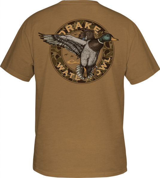 Circle Mallard T-Shirt featuring Drake logo on front pocket and Mallard graphic on back. 60% cotton, 40% polyester blend for comfort. From Drake Waterfowl, known for high-quality hunting and casual apparel.