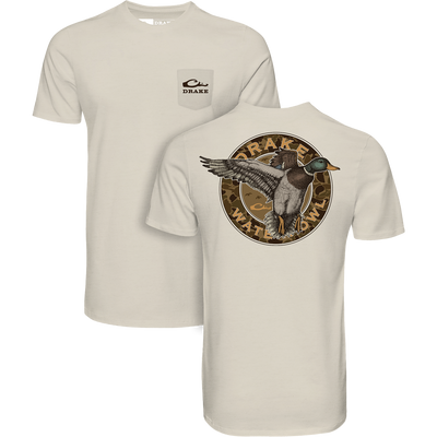 Circle Mallard T-Shirt by Drake Waterfowl, featuring a front pocket logo and a back camo graphic with a flying mallard from the Vintage Drakes Series.