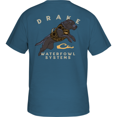 Retro Black Lab T-Shirt featuring a back graphic of a Black Lab in a vest, with a Drake logo on the front pocket.