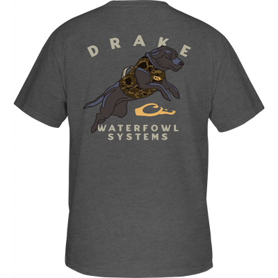 Retro Black Lab T-Shirt featuring a cartoon Black Lab graphic on the back, crafted from a soft cotton-polyester blend with a front Drake logo pocket.
