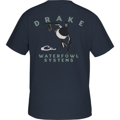 Retro Ringneck T-Shirt featuring a cartoon duck on the back, part of Drake Waterfowl's Retro Series, with a Drake logo on the front pocket.
