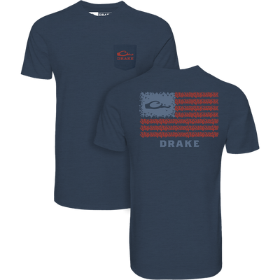 Americana Drake Flag T-Shirt with front chest-pocket logo and back American-flag motif featuring duck silhouettes, blending comfort and style for waterfowl enthusiasts.