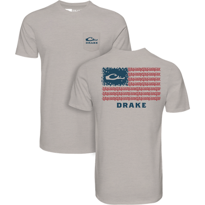 Americana Drake Flag T-Shirt with front pocket logo and large back American-flag graphic made of duck silhouettes, combining comfort and waterfowl passion.