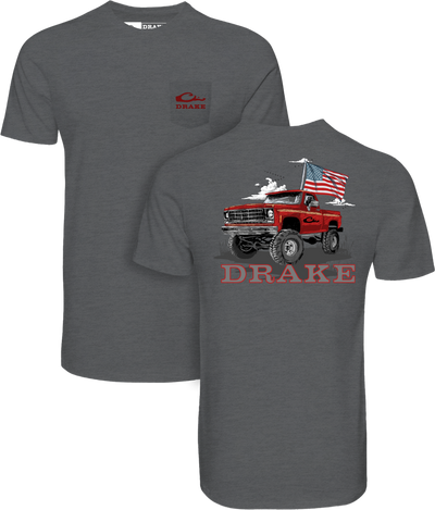 Americana Flag Truck T-Shirt with front pocket logo and large back graphic of a pickup truck, American flag, and DRAKE branding.