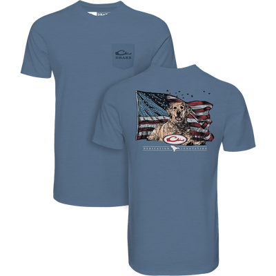 Americana Yellow Lab Flag T-Shirt featuring a front pocket with Drake logo and a back graphic of a yellow lab over an American flag with ducks.