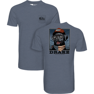 Bandana Lab Flag T-Shirt featuring a black retriever with aviators, red cap, and flag bandana; showcases Drake logo pocket and Always in Season tagline.