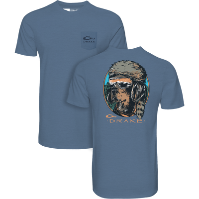Pop Art Coonskin Cap Lab T-Shirt featuring Drake logo on front pocket and stylized graphic of a dog in aviator goggles and trapper hat on back.