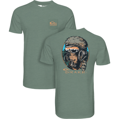 Pop Art Coonskin Cap Lab T-Shirt featuring a Drake logo on the front pocket and a dog in aviator gear graphic on the back.
