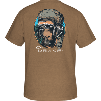 Pop Art Coonskin Cap Lab T-Shirt featuring an abstract Black Lab in a coonskin cap graphic on the back, with a Drake logo on the front pocket.