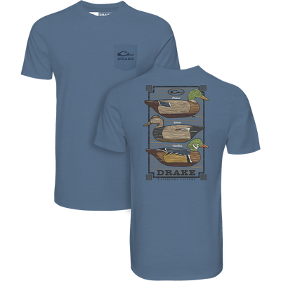 Vintage Dixie Decoys® Stack T-Shirt with Drake logo pocket and back illustration of decoys labeled Mallard, Gadwall, Wood Duck, perfect for waterfowl enthusiasts.