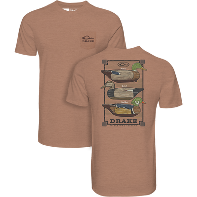 Vintage Dixie Decoys® Stack T-Shirt with Drake logo, featuring front pocket and back graphic of stylized duck decoys: Mallard, Gadwall, Wood Duck.