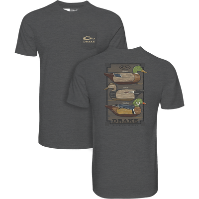 Vintage Dixie Decoys® Stack T-Shirt featuring Drake logo and three stylized decoys on back, crafted from soft cotton-poly blend for comfort.