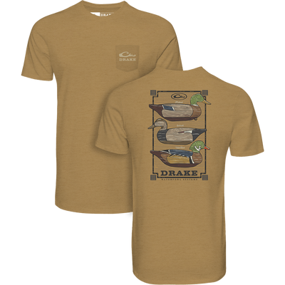 Vintage Dixie Decoys® Stack T-Shirt featuring a front pocket Drake logo and a back illustration of vintage duck decoys labeled Mallard, Gadwall, and Wood Duck.