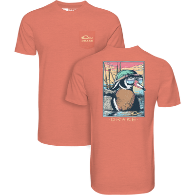 Pop Art Wood Duck Sunglasses T-Shirt with Drake logo pocket and colorful drake illustration, highlighting the Ducks of Drake Series from Drake Waterfowl.